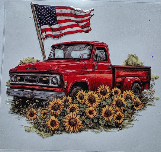 USA red old truck sunflower decal